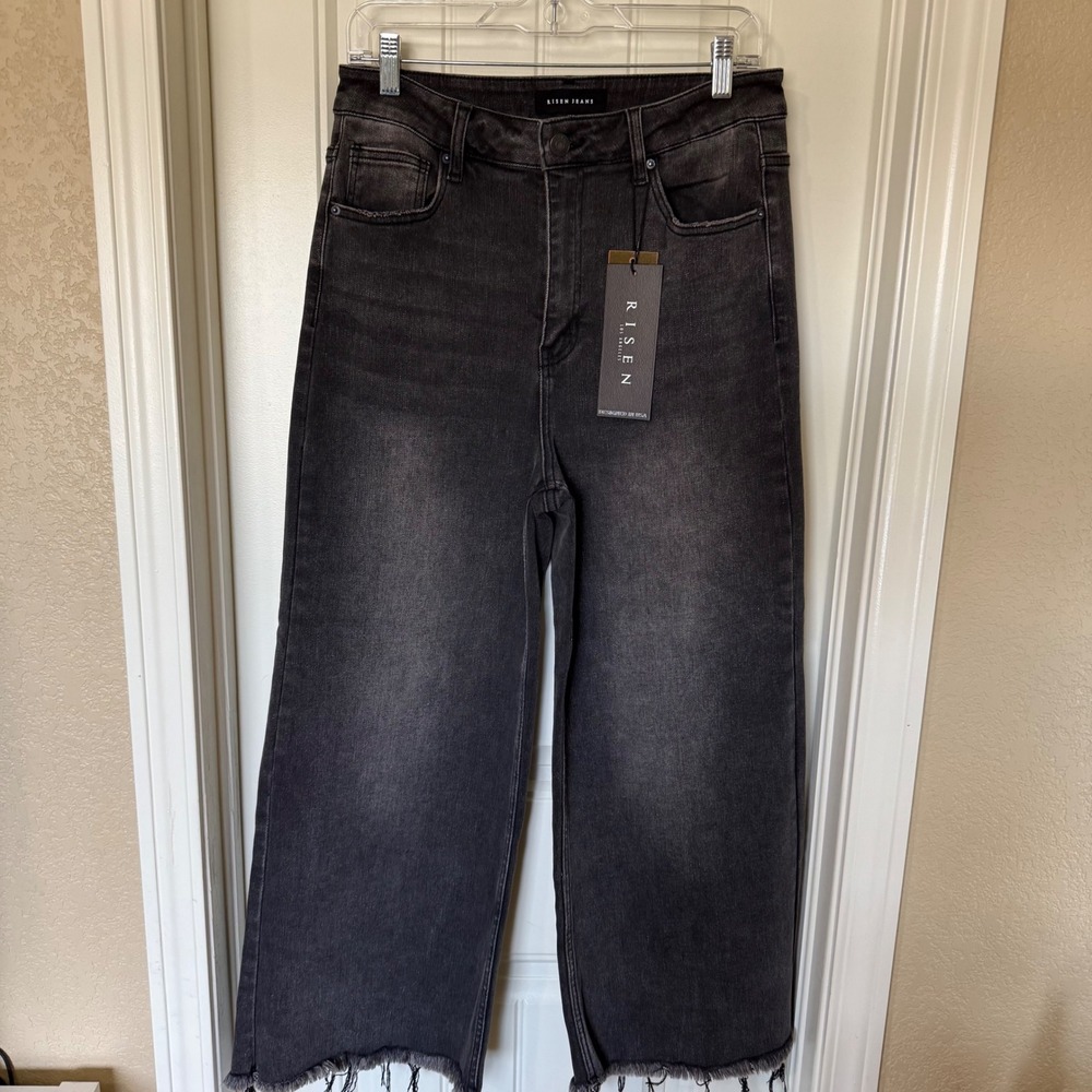 Risen Jeans Wide Leg Jeans‎ Womens 13/31 Black New RDP1025 Raw Hem High Rise - Picture 3 of 10